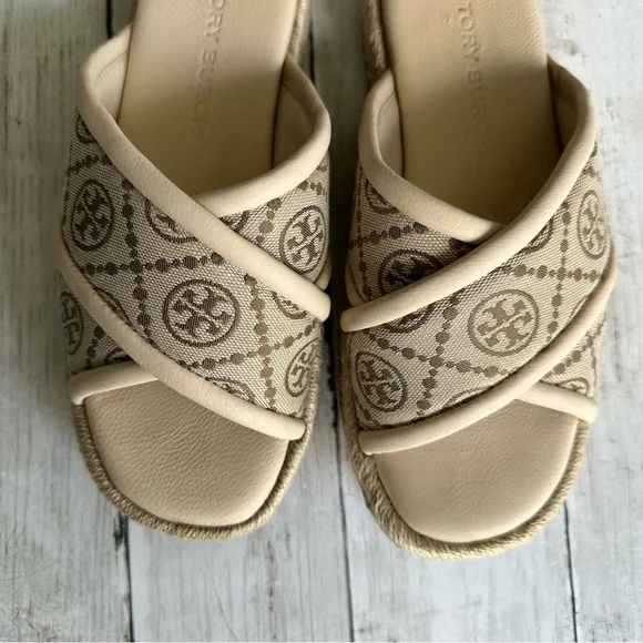 PREOWNED TORY BURCH T MONOGRAM CROSS ESPADRILLES SLIDE SANDALS CREAM 7 WOMEN - Picture 6 of 6